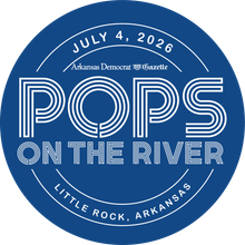 Blue circular logo for Pops on the River, July 4, 2026, in Little Rock, Arkansas.