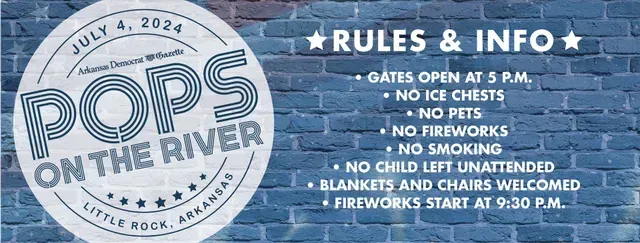 Pops on the River event sign with rules and info in white text on a blue brick wall background