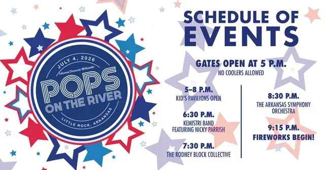 Pops on the River event schedule with blue-red stars and times for gates, music, food, and fireworks