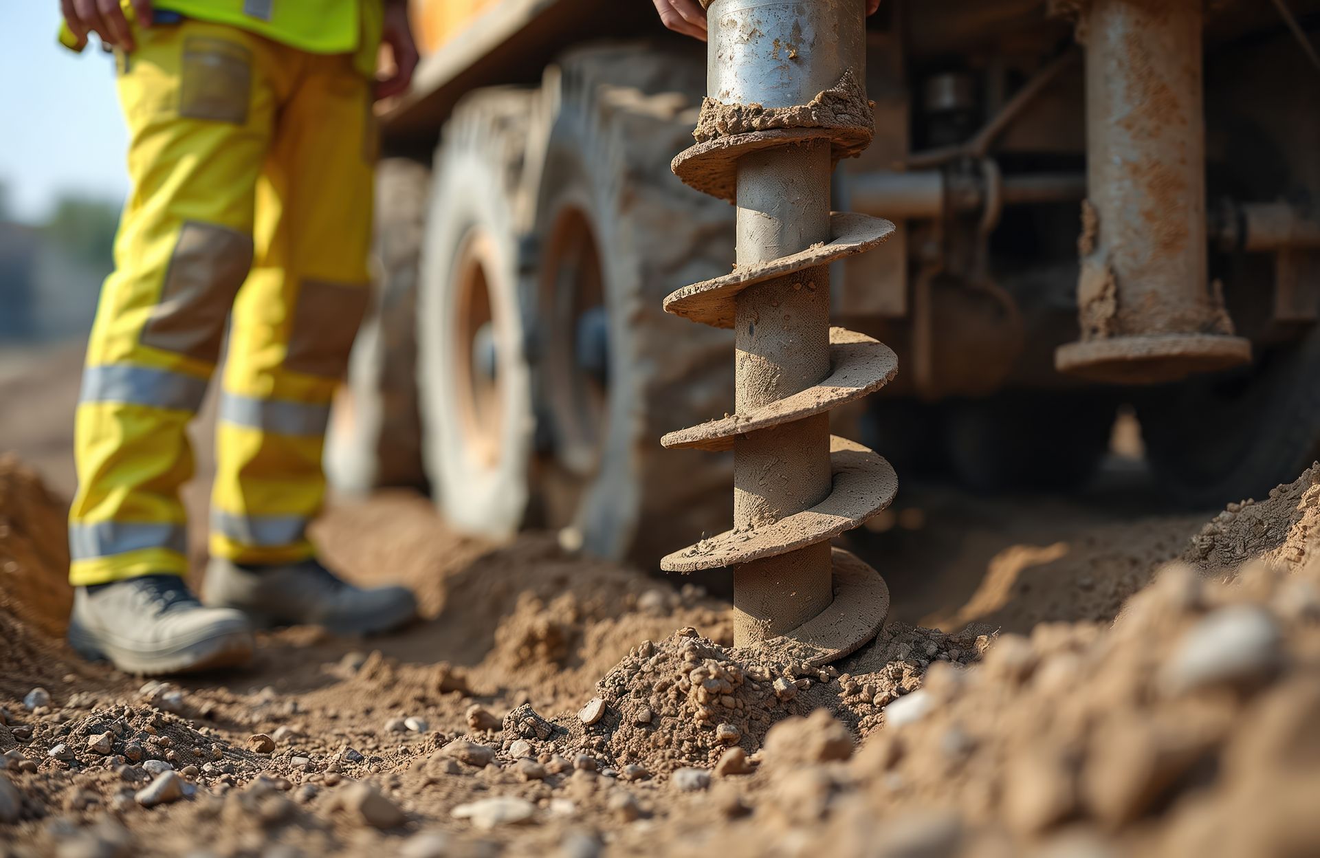 View of a worker’s legs with a piling rig drilling dirt.][