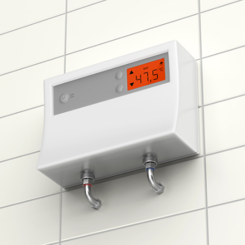 A white electric water heater mounted on a tiled wall, featuring a digital display showing a temperature of 47.5 degrees.