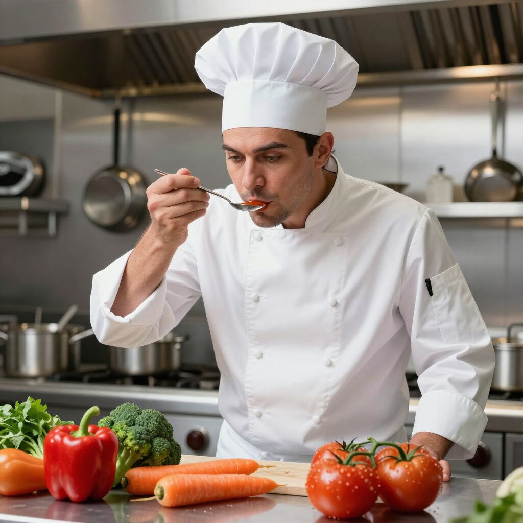 Een chef-kok in een wit uniform proeft eten van een lepel in een keuken, met groenten ervoor.