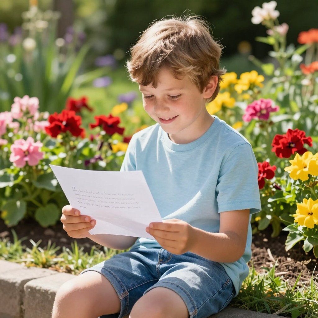 Boy reading a letter in a garden filled with colorful flowers.