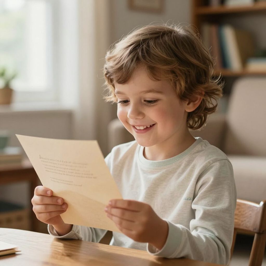 Boy with curly hair smiles while reading a letter indoors.