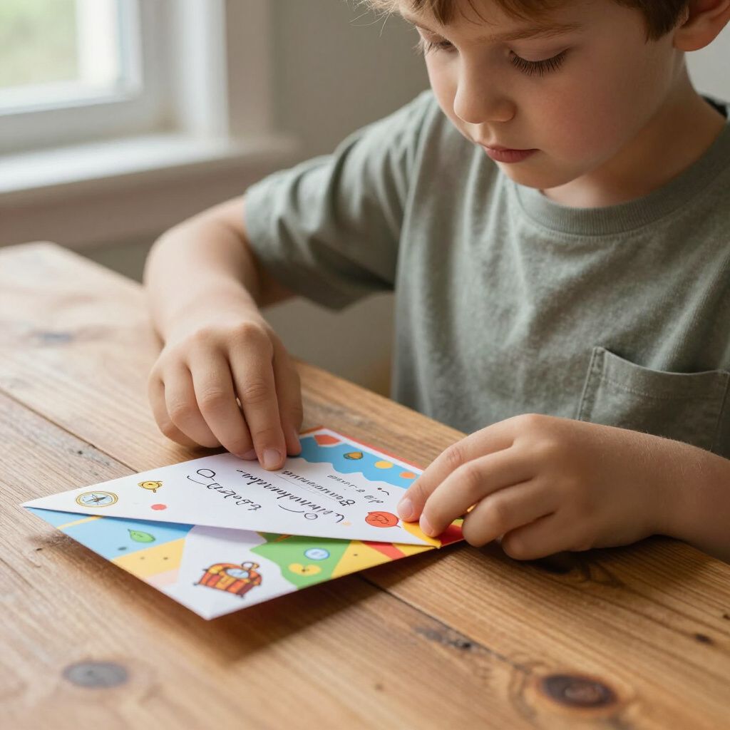 Boy folding a colorful, decorated paper. He is seated at a wooden table, near a window.