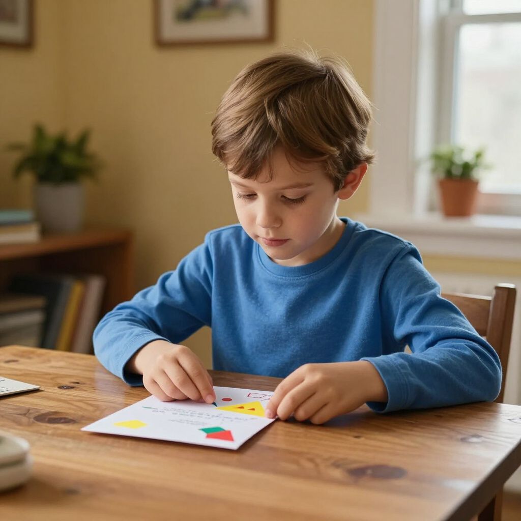 Boy in blue shirt doing a craft at a wooden table with colorful shapes on paper.