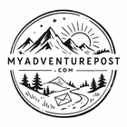 Logo with mountains, sun, airplane, compass, and envelope; text reads 