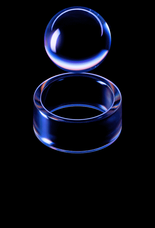 A blue, transparent sphere floating above a transparent cylinder