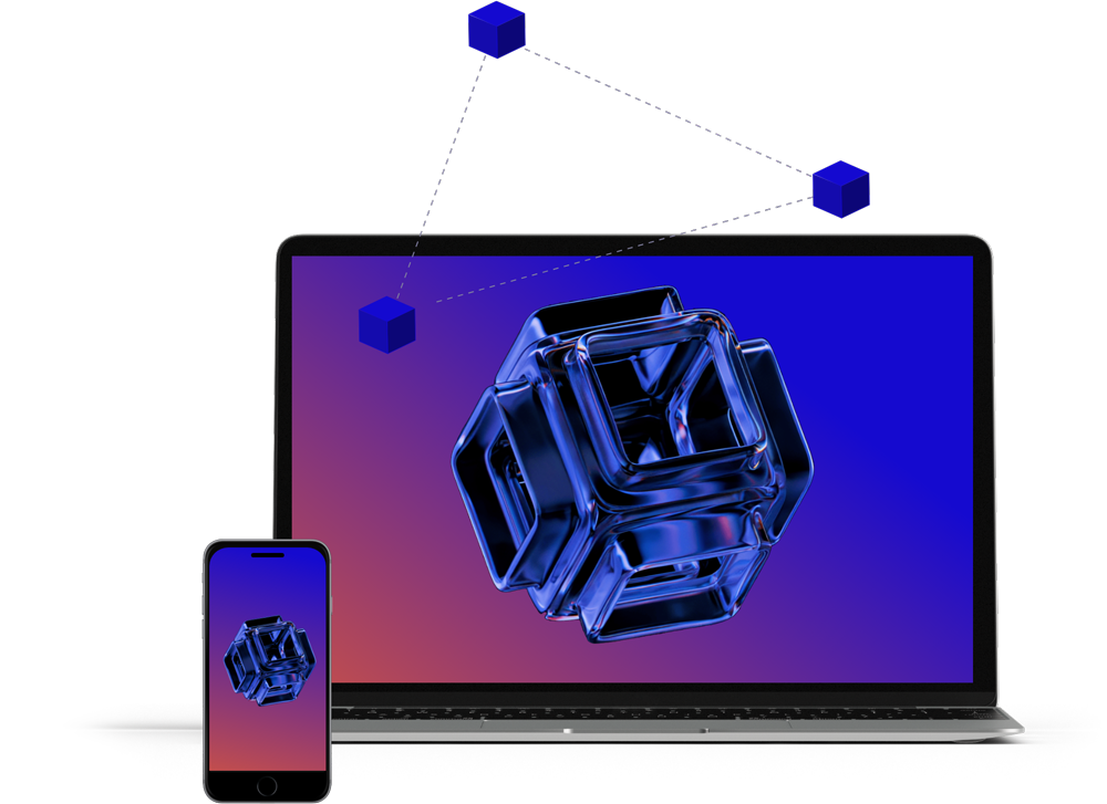 Laptop and phone display a metallic blue 3D structure