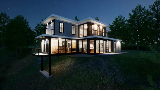 Modern two-story house with large windows, illuminated at night, set on a hillside.