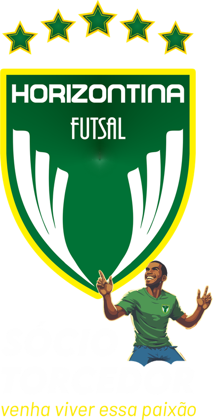 Seja Sócio Torcedor Um logotipo para o Sócio Torcedor futsal Horizontina com um torcedor celebrando, e as 5 estrelas das maiores conquistas.