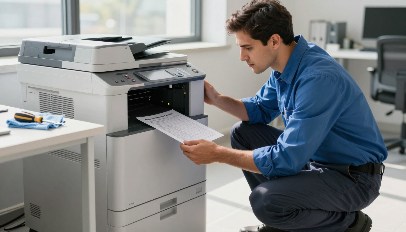 Técnico revisando una copiadora para detectar señales de mantenimiento preventivo