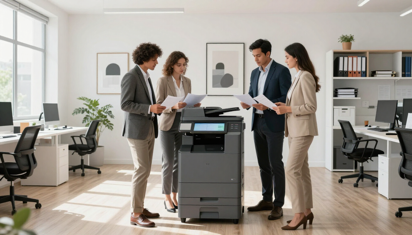 Equipo de oficina evaluando si rentar o comprar una copiadora multifuncional en Puebla