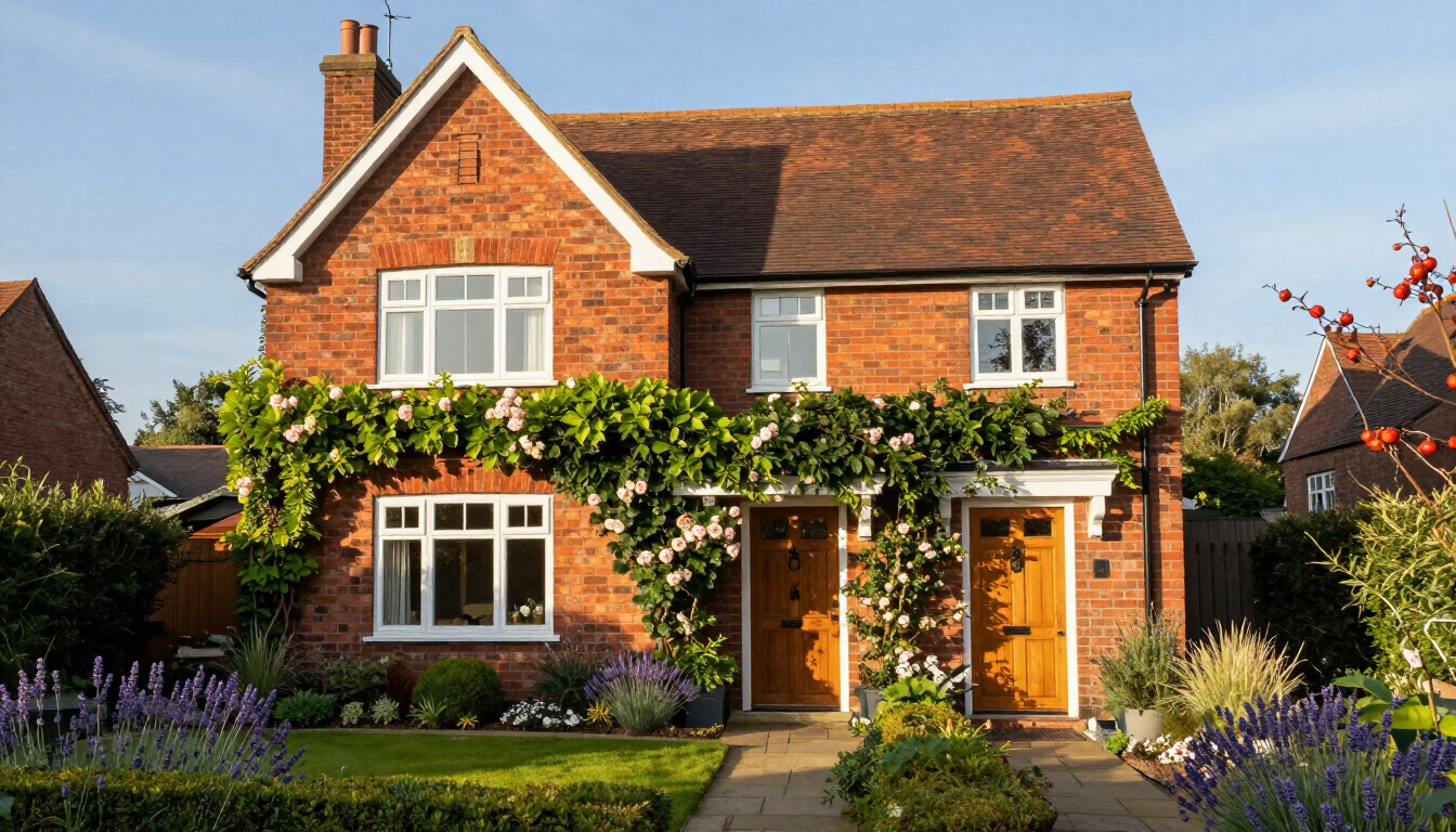 Brick two-story house with white-trim windows, orange roof, and a front garden in daylight