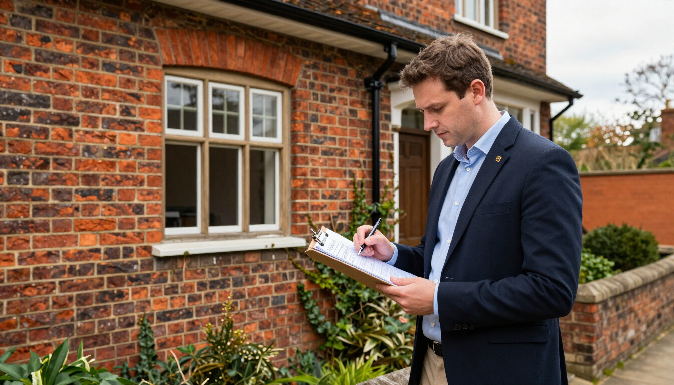 Man in a navy suit taking notes beside a brick house with white-trimmed windows