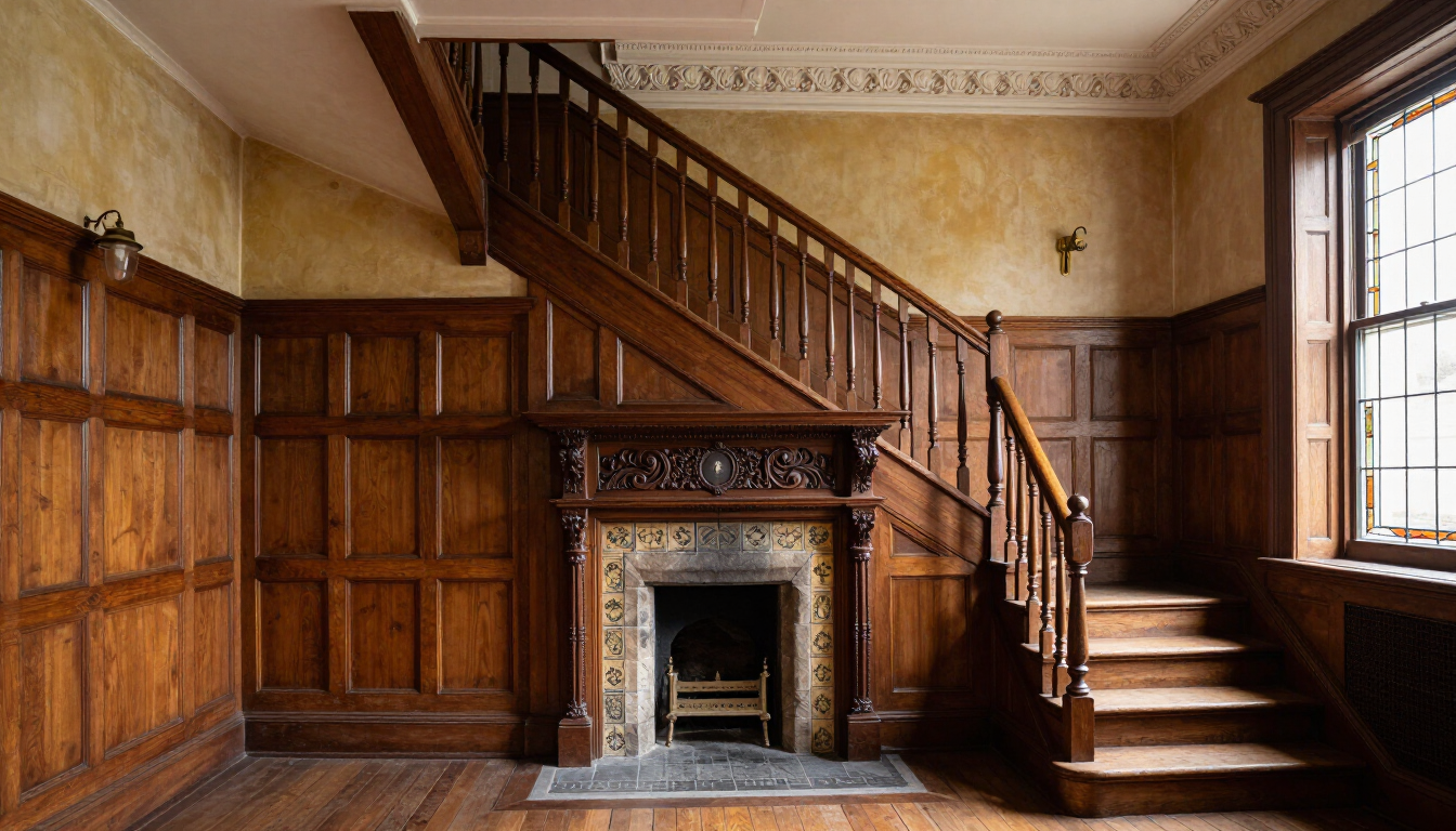 Empty wood-paneled room with a staircase, fireplace, and large windows