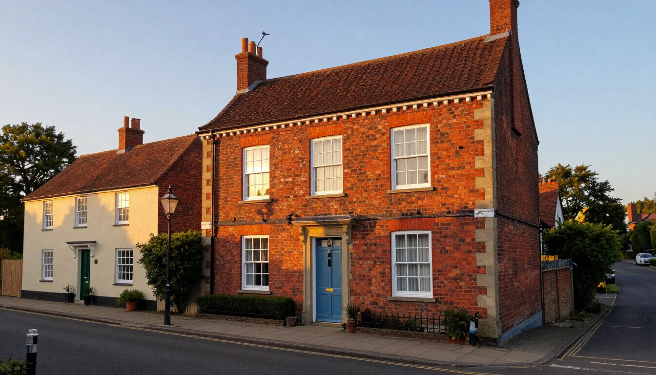 Brick cottage houses on a quiet street at sunset, one red-brick with blue door beside a cream house