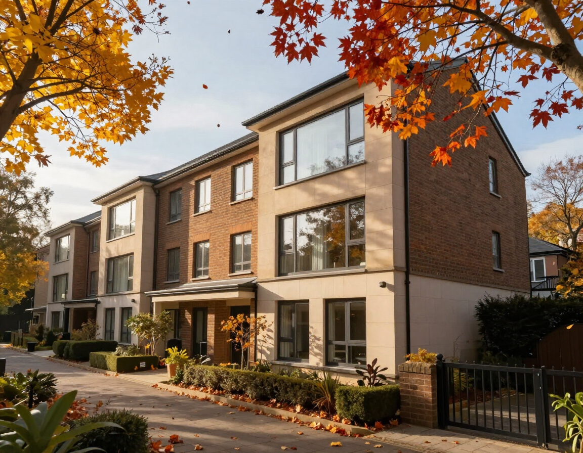 Row of modern brick townhouses on a quiet street with autumn trees and fallen leaves