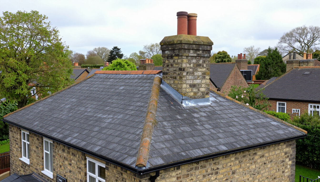 Stone house roof with dark slate tiles and a central chimney, viewed from above