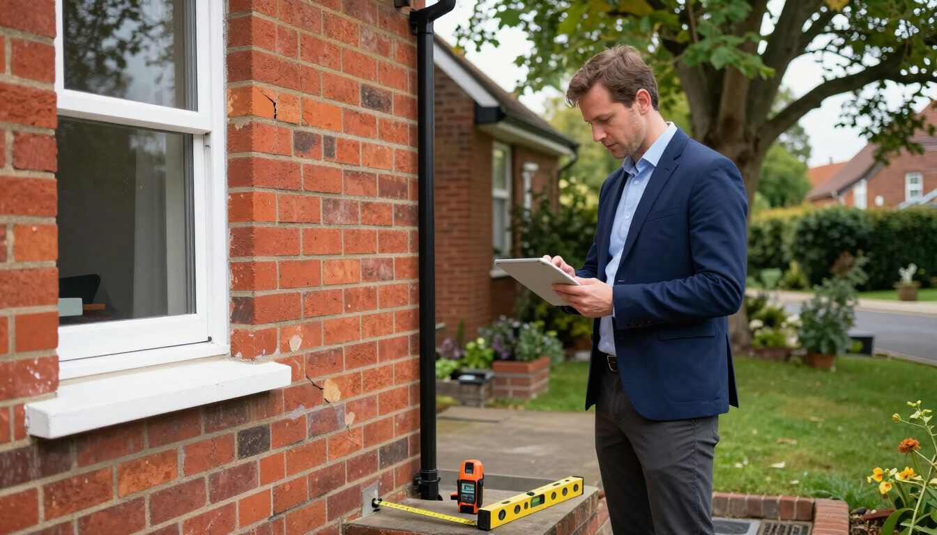 Man inspecting a brick house exterior with a clipboard beside a toolbox on the lawn
