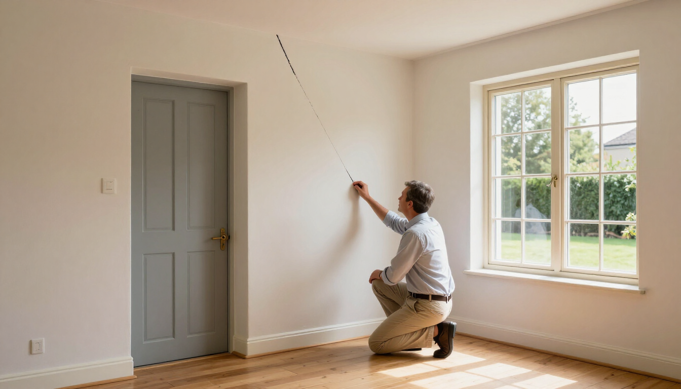 Person kneels painting a white wall in a bright empty room near a window and door