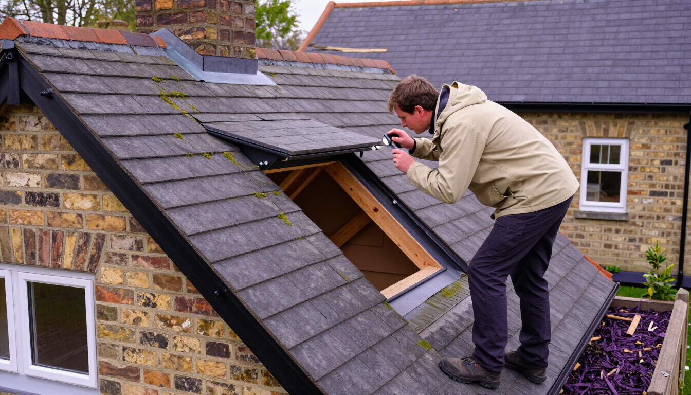 Worker inspecting a roof window on a slate-tiled rooftop in a stone house courtyard