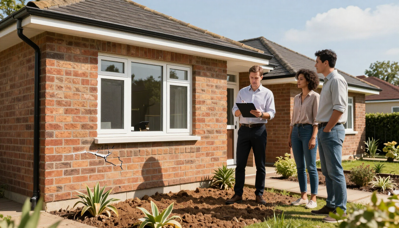 Three people standing outside a brick house, talking in the front yard under a bright sky.