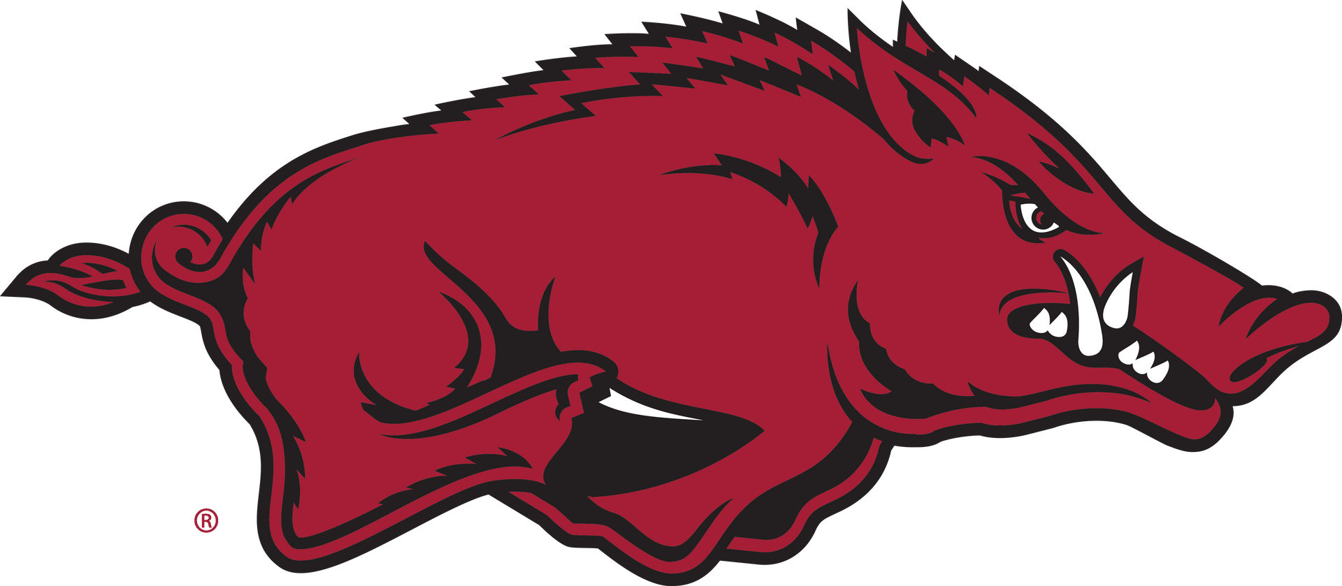 A red boar with sharp teeth is jumping in the air.