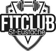 Logo FITCLUB St-Eustache noir et blanc avec un emblème d'haltère et un contour de bouclier