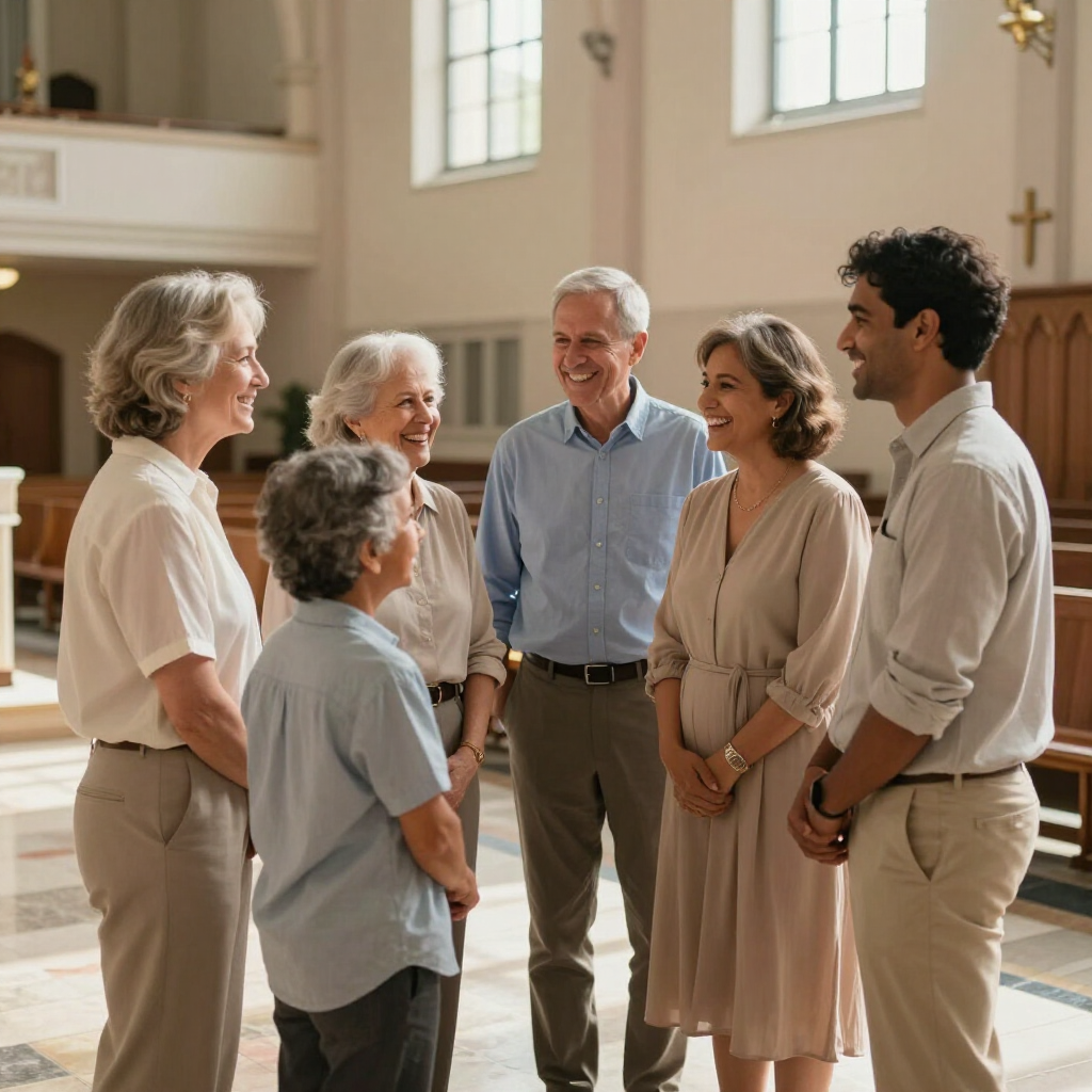 Multi-ethnic parishioners gathered after Mass