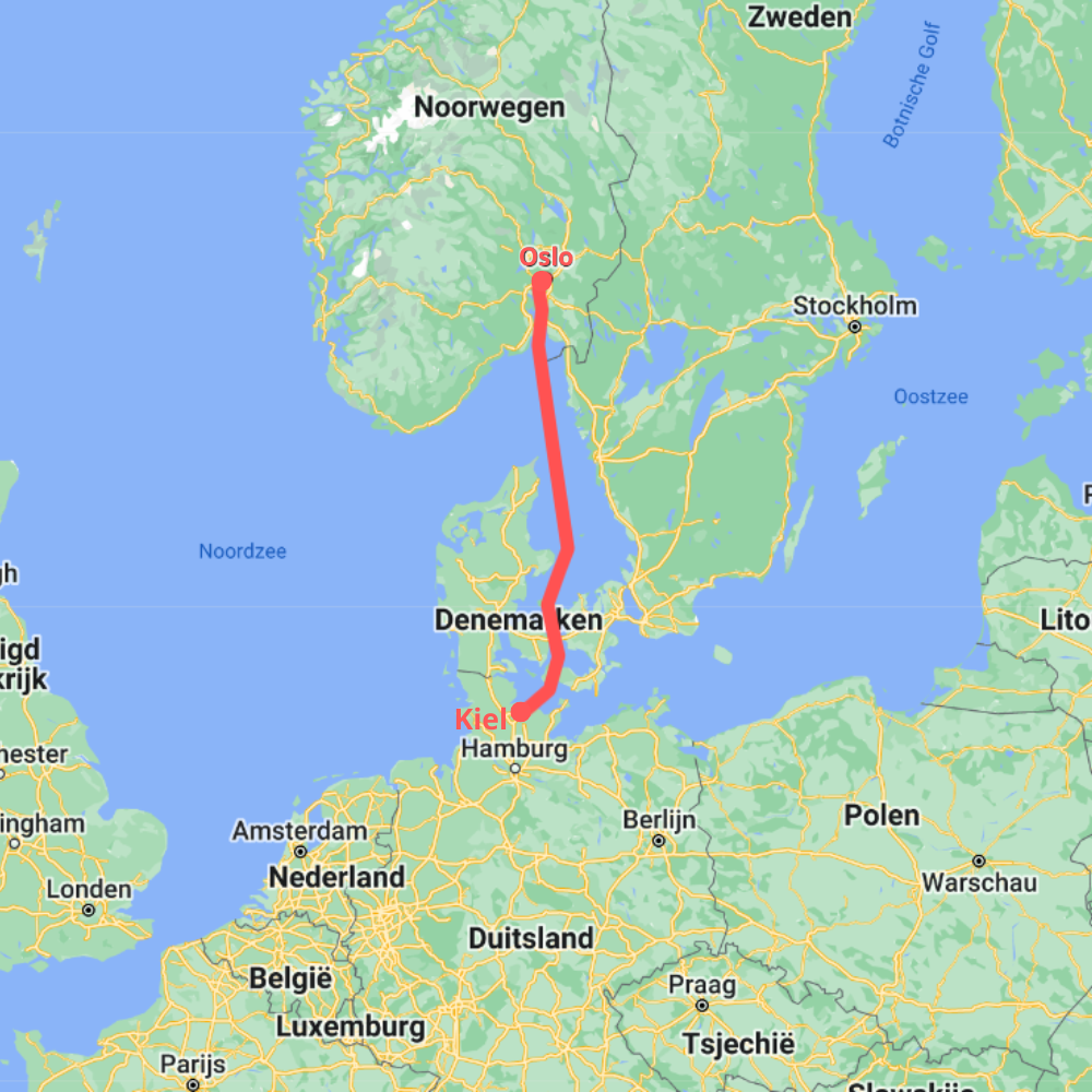Kaart van Noord-Europa met een rode lijn die Oslo (Noorwegen) verbindt met Kiel (Duitsland).