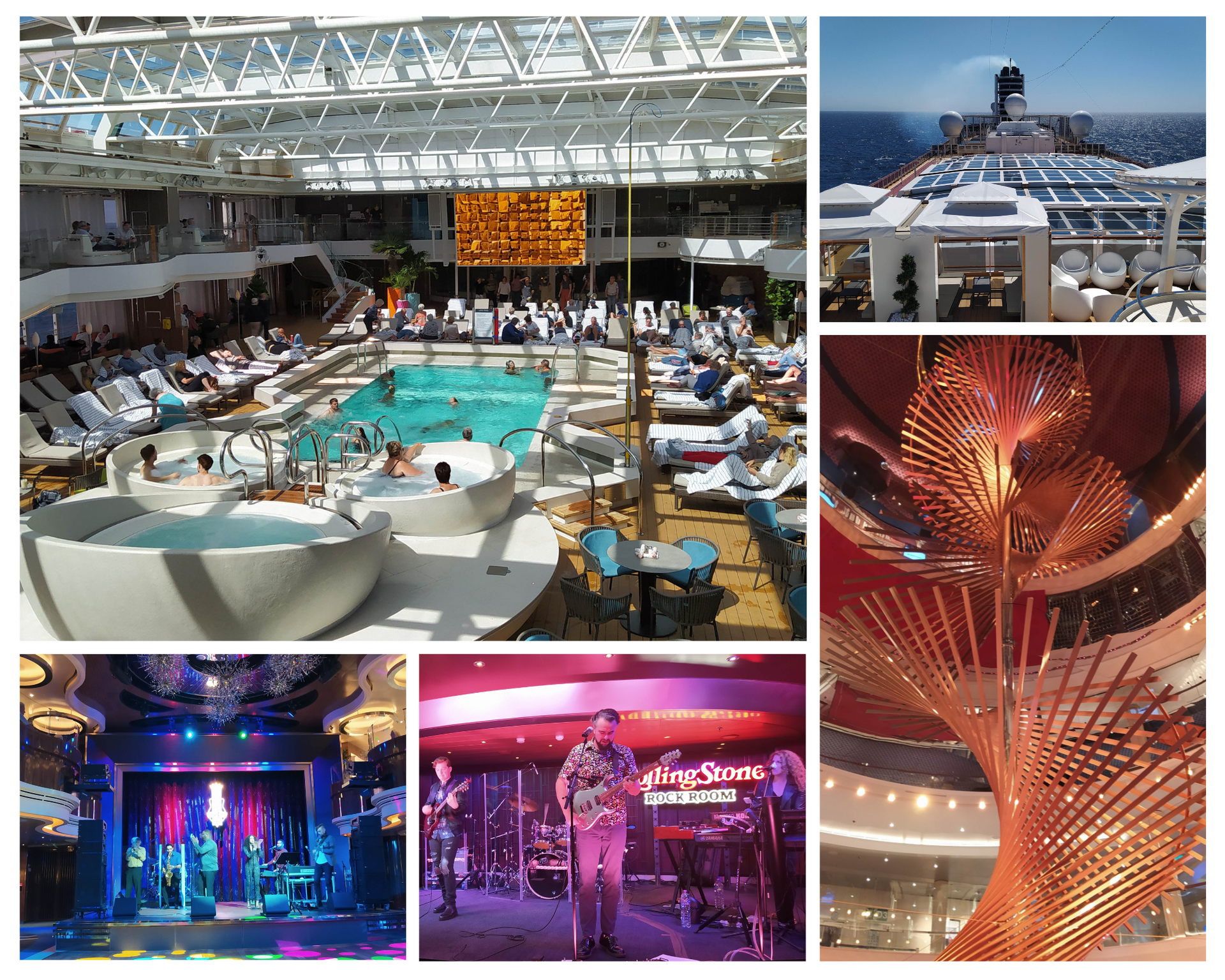 Een collage met diverse scènes van een cruiseschip, waaronder een zwembaddek, de buitenkant van het schip, live muziekoptredens en kunst.