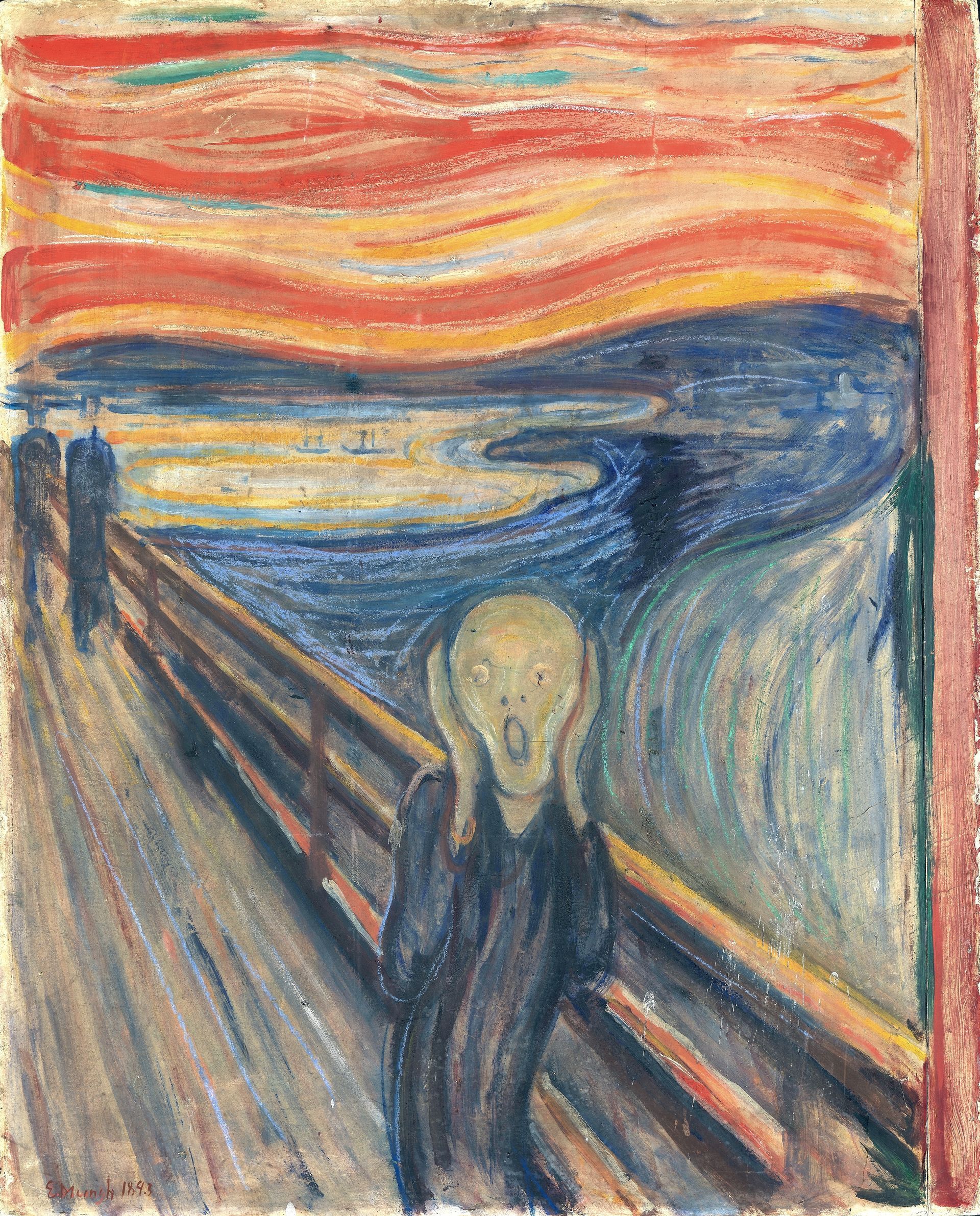 Een schilderij van een schreeuwende man op een brug.