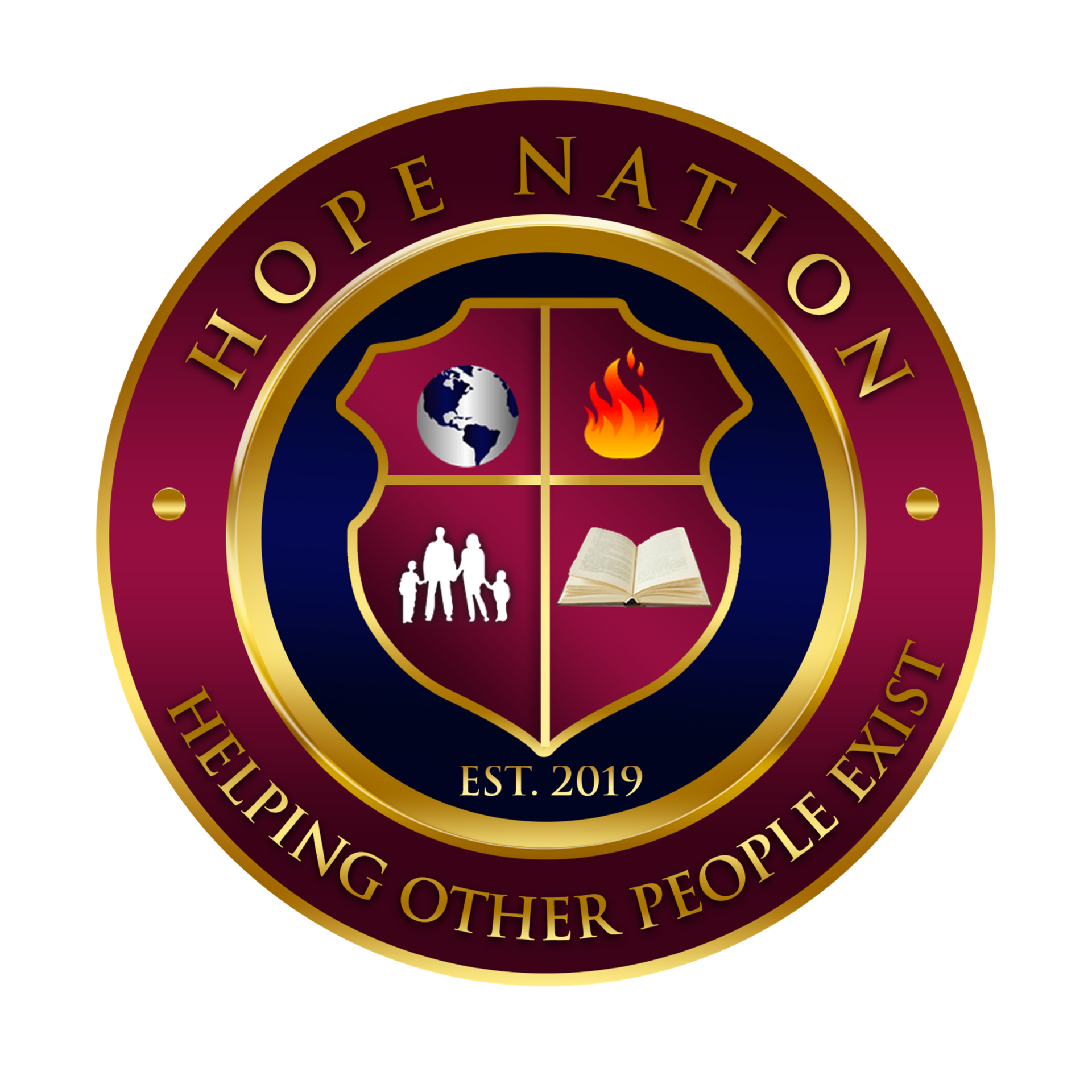 Circular logo with maroon and gold accents, featuring 