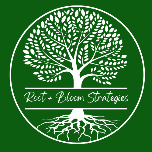 White tree graphic in a green circle with "Root + Bloom Strategies" text.
