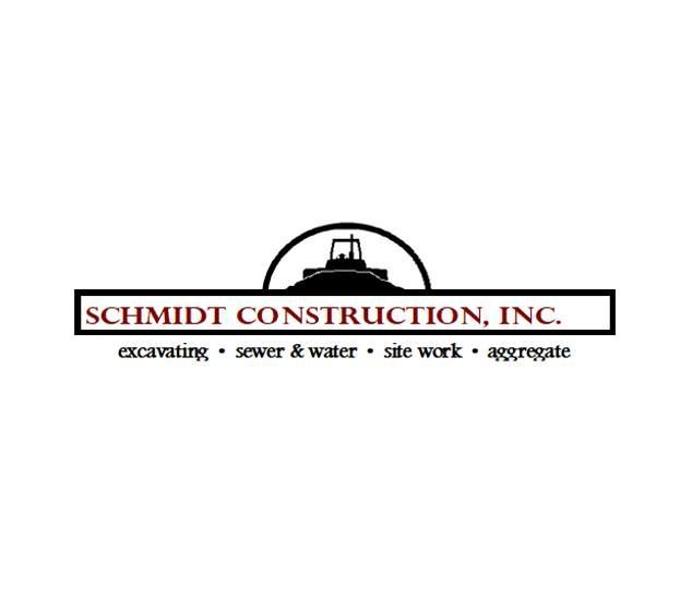 Schmidt Construction, Inc. logo with bridge icon and services listed: excavating, sewer & water, site work, aggregate