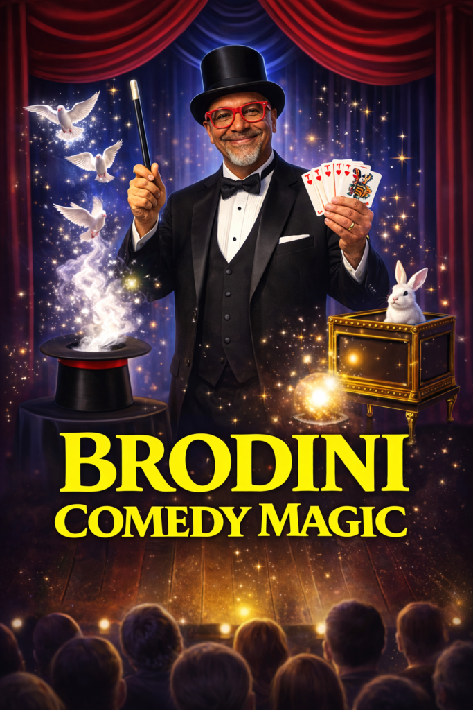 Magician in top hat and tuxedo on stage with cards, sparkles, and red curtains; text reads “Brodini Comedy Magic”