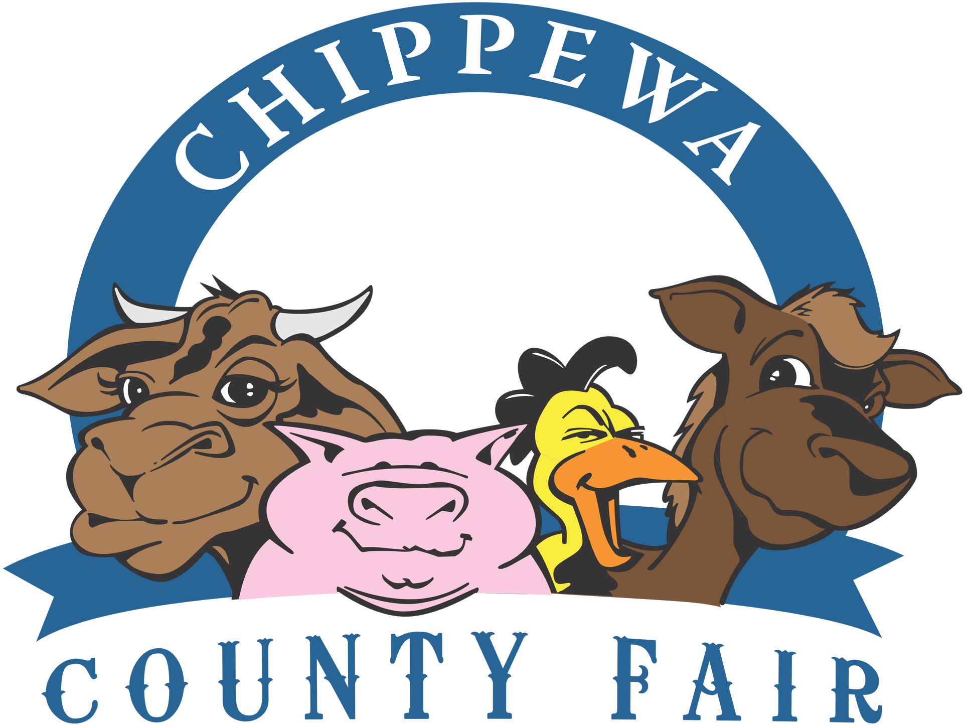 The Chippewa County Fair logo features a cow, pig, chicken, and sheep in a blue arch with the event name.