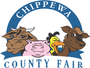 The Chippewa County Fair logo features a cow, pig, chicken, and sheep in a blue arch with the event name.