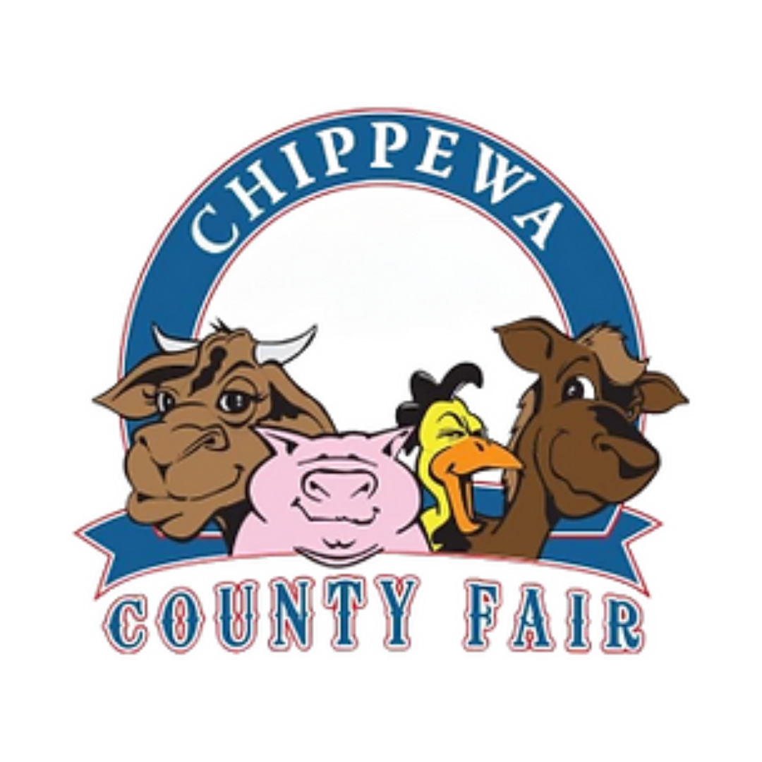 Logo for the Chippewa County Fair featuring an illustrated cow, pig, chicken, and horse inside a blue arch.