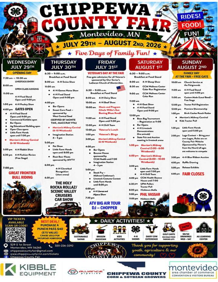 Chippewa County Fair 2024 schedule poster with event listings, colorful carnival graphics, and sponsor logos