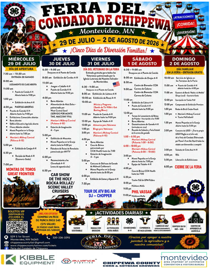 Colorful poster for Feria del Condado de Chippipewa, July 29–Aug. 7, 2022, with event schedule details