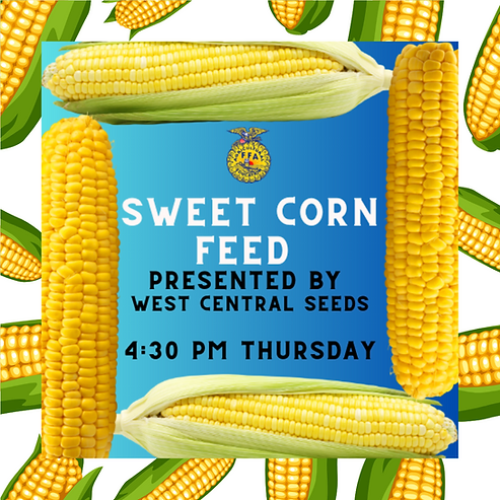 Event flyer for a Sweet Corn Feed presented by West Central Seeds, held Thursday at 4:30 PM, framed by ears of corn.
