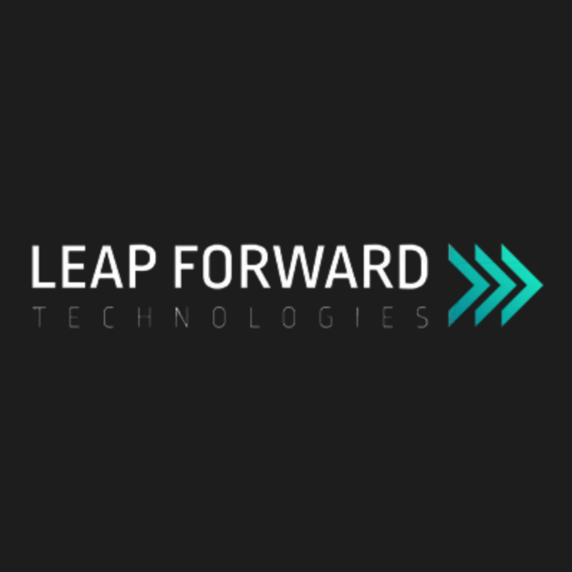 Leap Forward Technologies logo on black background with white text and teal chevrons
