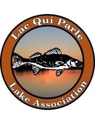 Luc Qui Parle Lake Association logo with a black fish on an orange sunset background