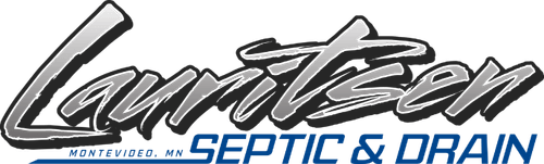 Lauritzen Septic & Drain logo in black and blue script with a gray background