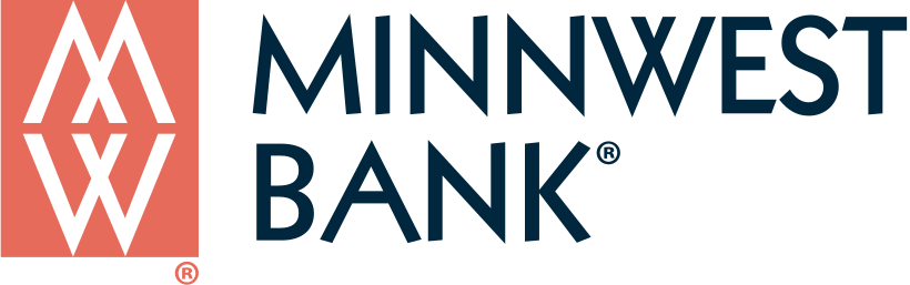 MinnWest Bank logo with coral and navy geometric icon and blue text on white background
