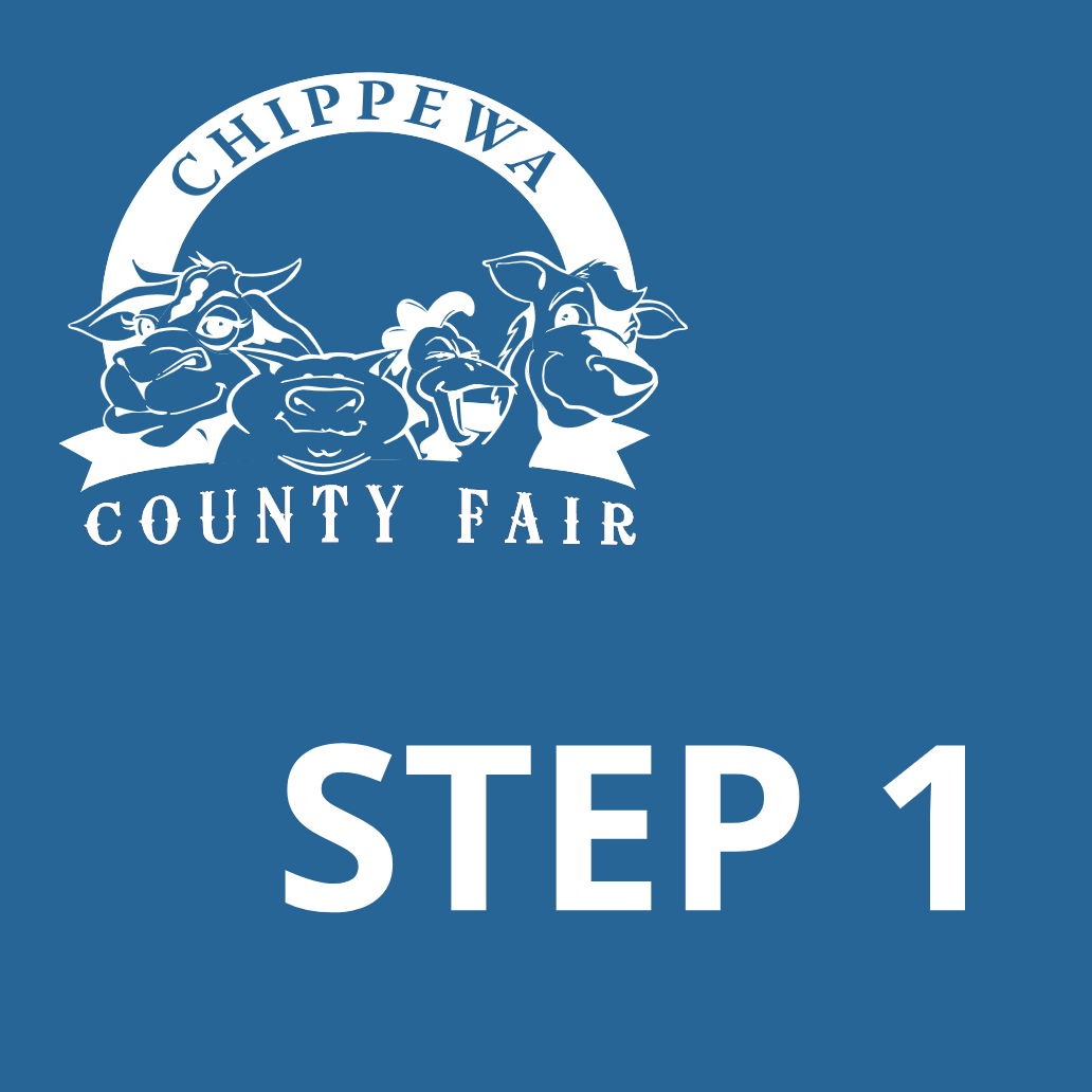 Chippewa County Fair logo featuring farm animal illustrations in white over a solid blue background, with the text 