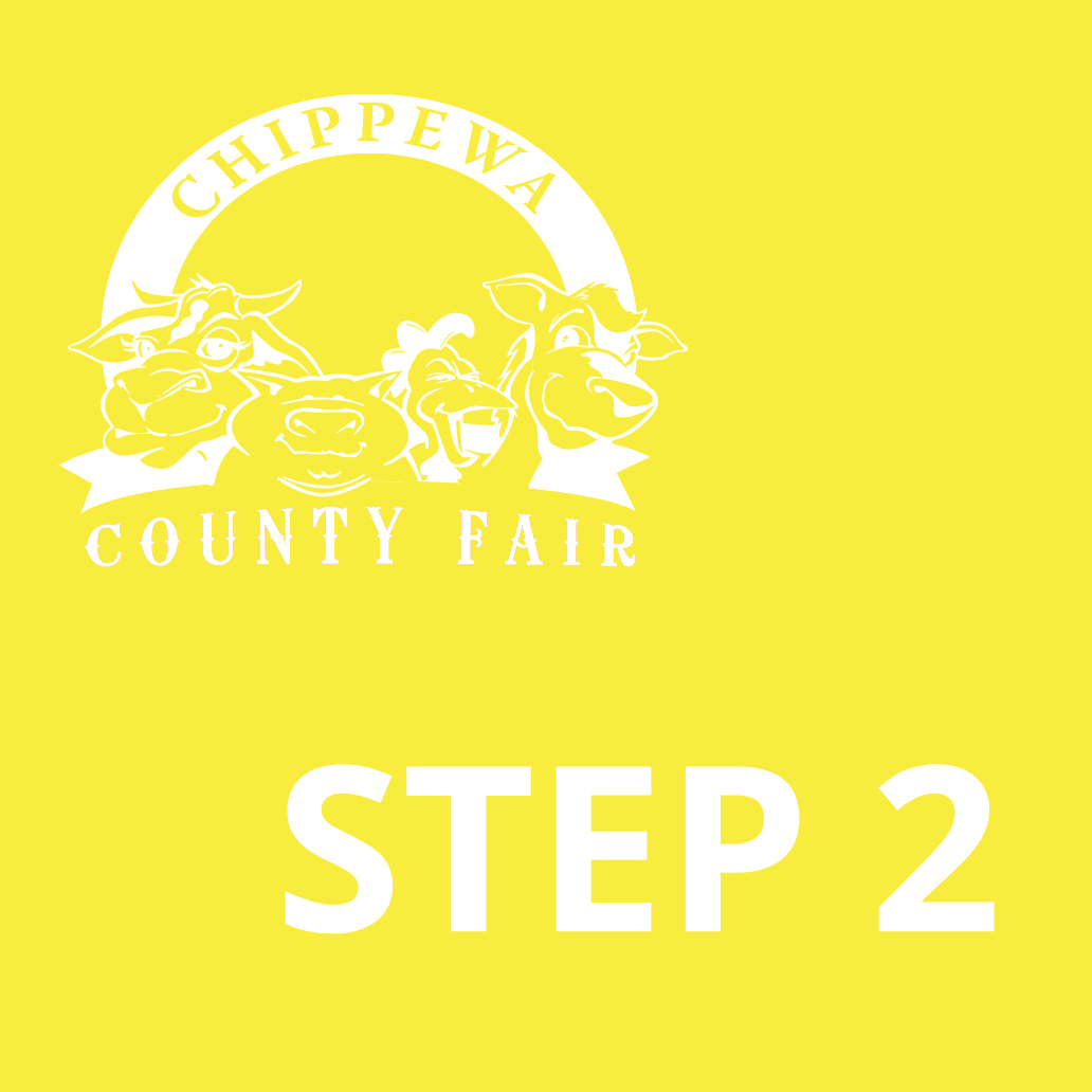 Yellow background with the white Chippewa County Fair logo showing farm animals and the text 