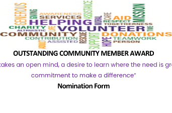 A word cloud of community-related terms above the text: 